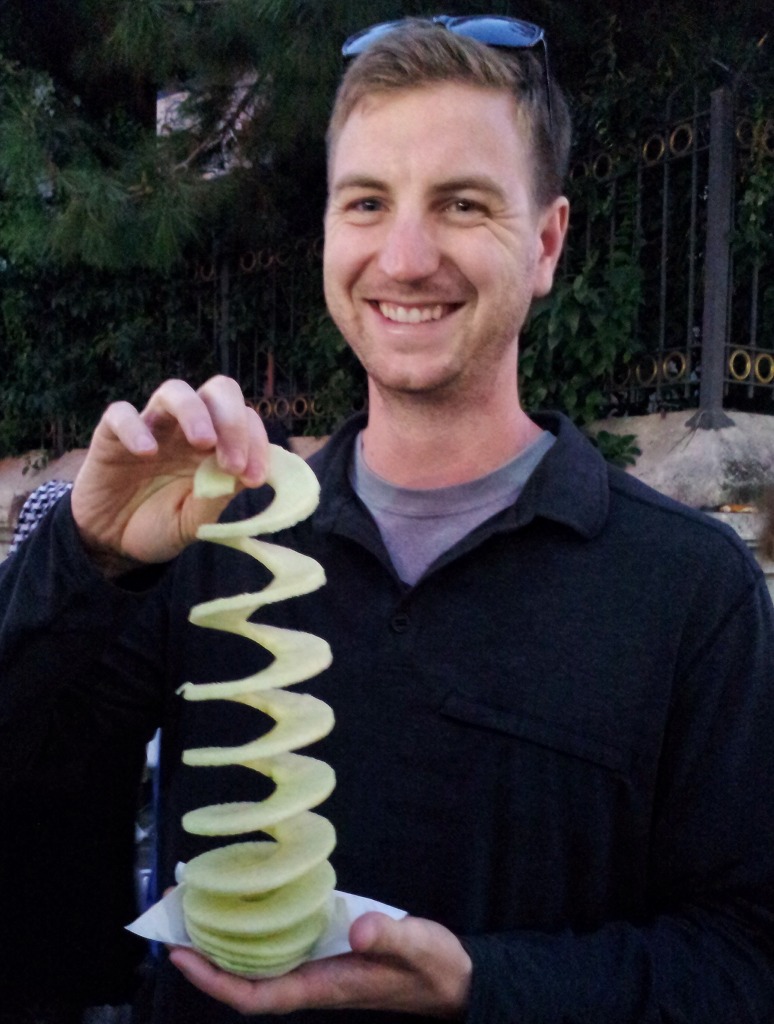 Snacking on a freshly peeled, cored and spiral sliced apple in Istanbul!