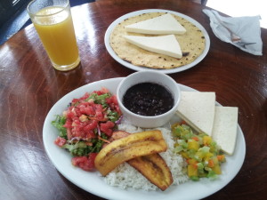 Casado in Costa Rica. Beans, rice, plantains and veggies with handmade tortilla
