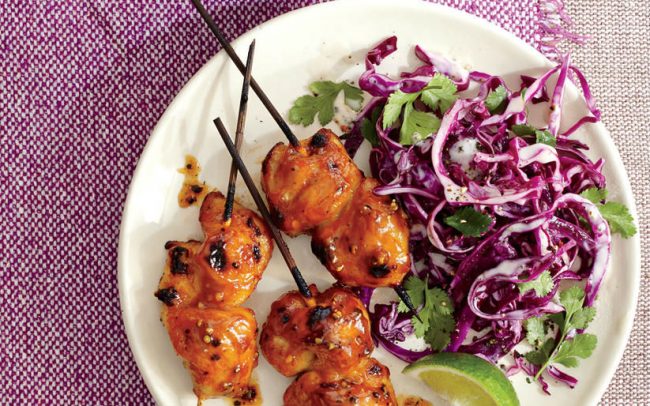 Pineapple Chicken Kebabs with Cilantro-Lime Slaw