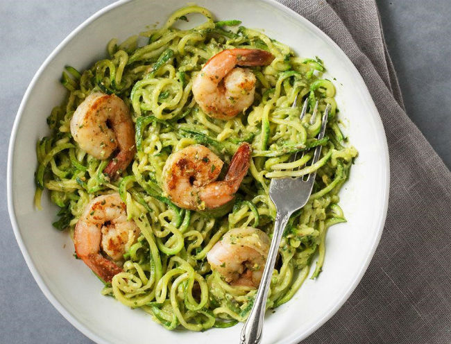 Zucchini Noodles With Avocado Pesto and Shrimp